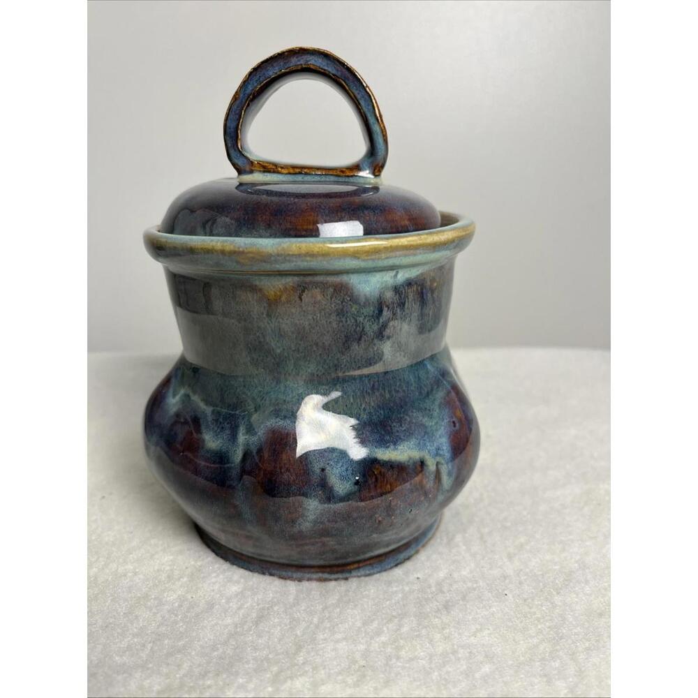 Hand Made Pottery Jar/ Canister With Lid Curved Handle Marked Blue Brown